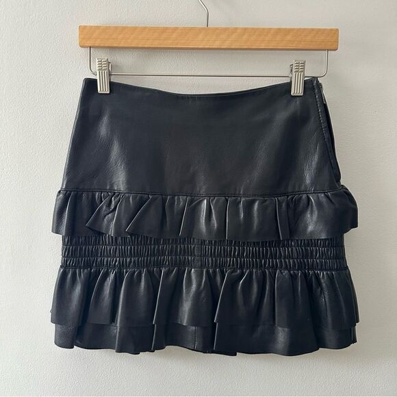 Maje Skirt Leather Black Jupia Ruffle Mini - Picture 3 of 8